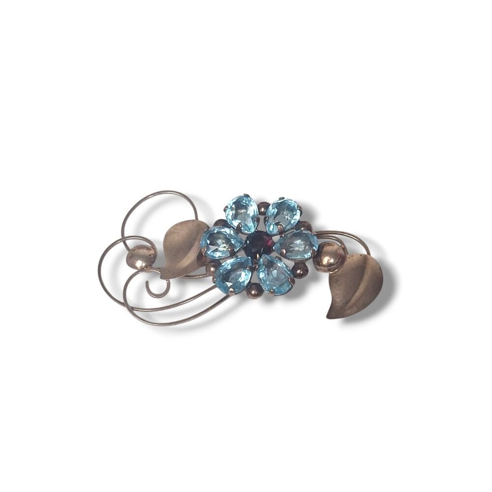 Vintage Sterling Silver Blue Purple Glass Flower Brooch Pin Manganese Glow 4"